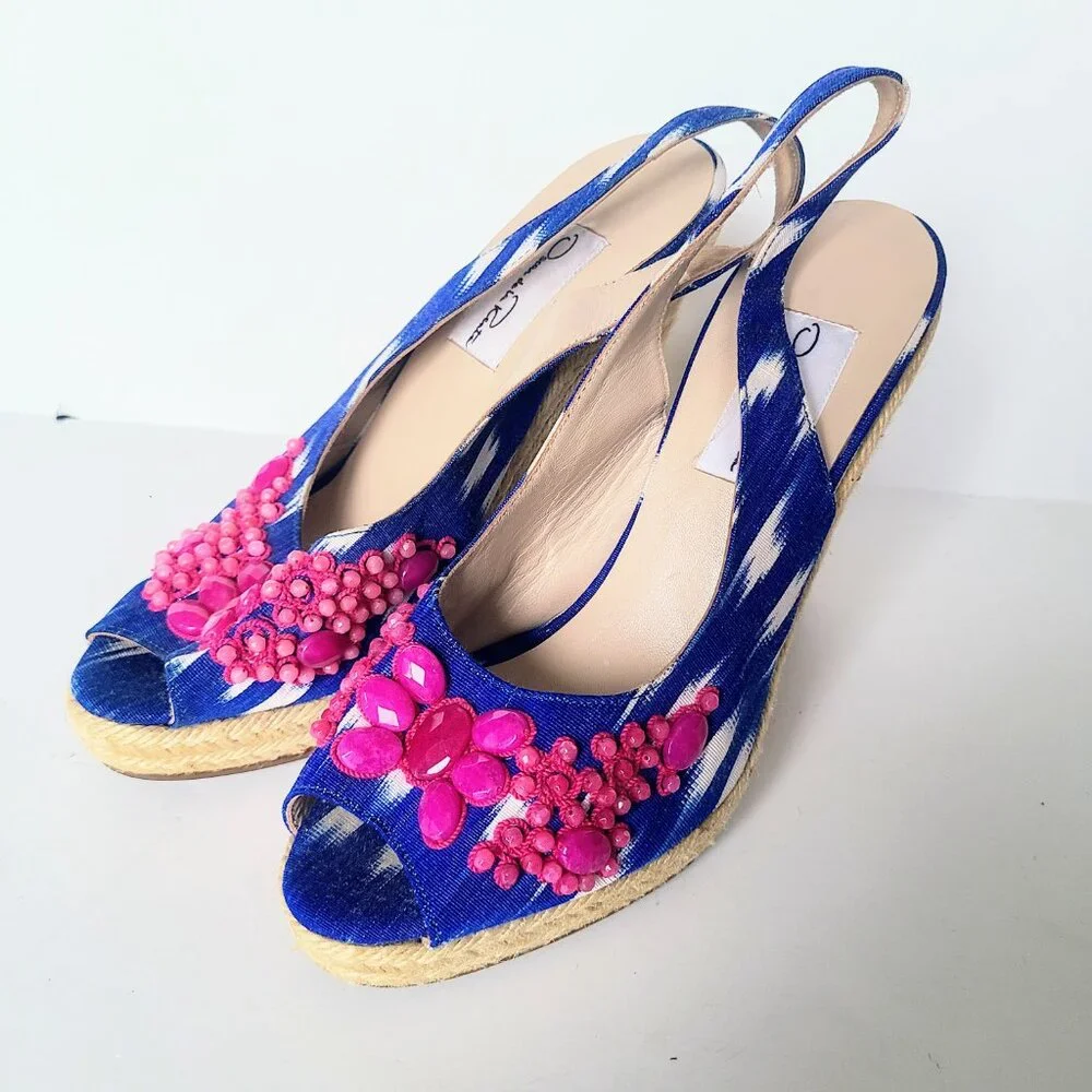Oscar De La Renta Blue/White Print Slingback Espadrille Wedge Sandal Heels EU 40 - Picture 6 of 9
